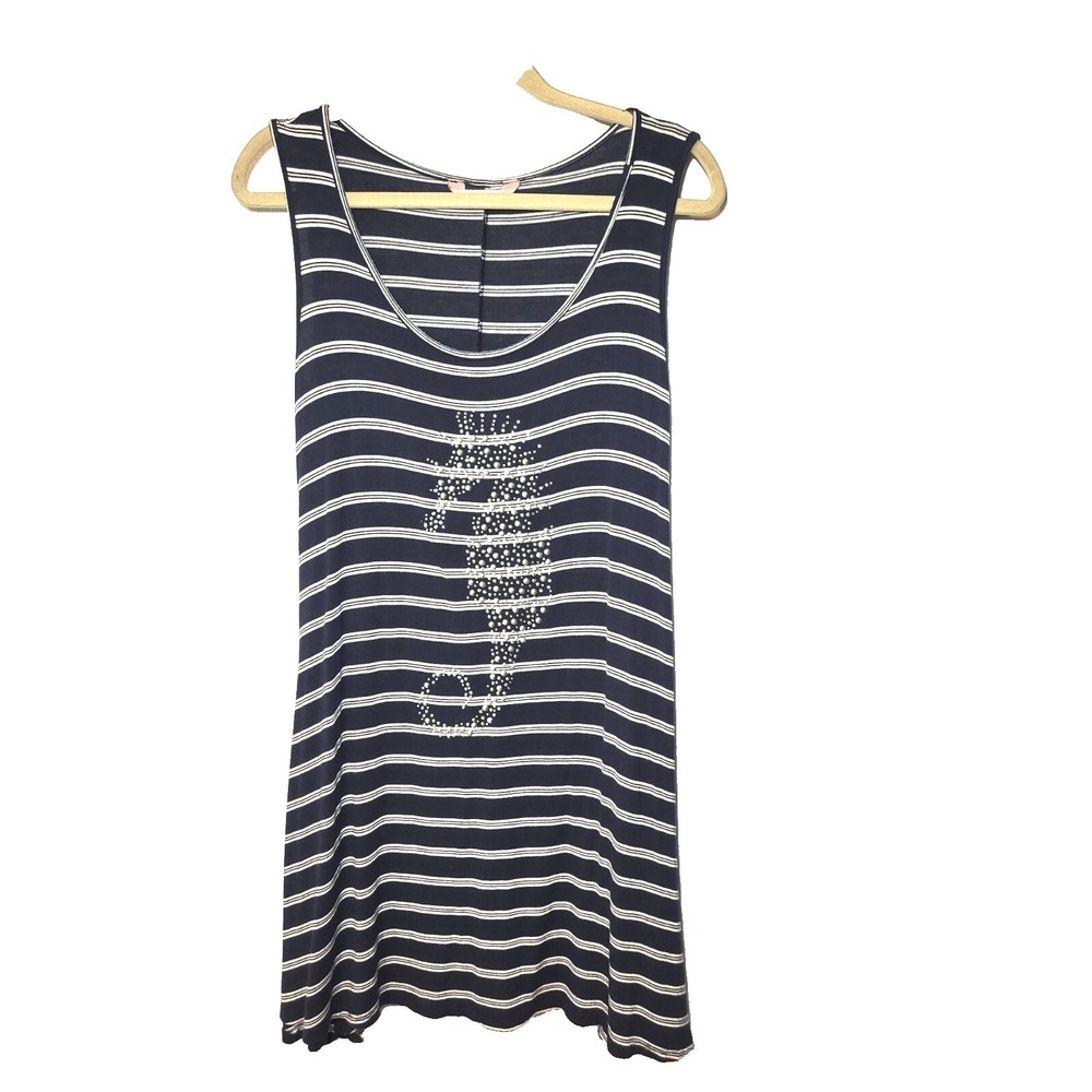 SJS Blue White Stripe Shift Tank Dress‎ Studded Seahorse Stretch Small Resort